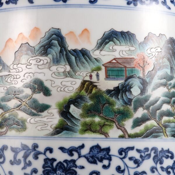 Qing Dynasty Qianlong period blue and white with pink enamel landscape figure story tube vase - Image 7