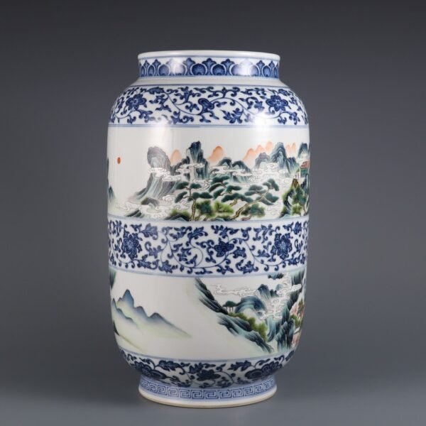 Qing Dynasty Qianlong period blue and white with pink enamel landscape figure story tube vase - Image 2