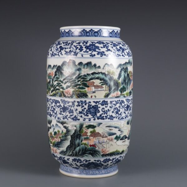 Qing Dynasty Qianlong period blue and white with pink enamel landscape figure story tube vase