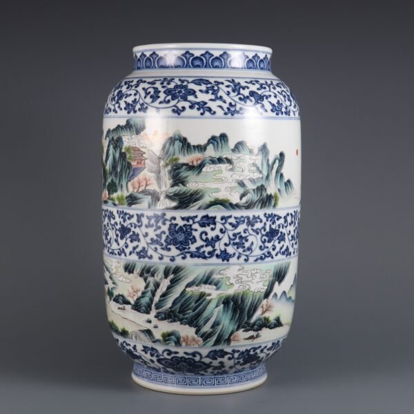 Qing Dynasty Qianlong period blue and white with pink enamel landscape figure story tube vase - Image 8