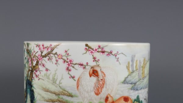 Qing Dynasty Yongzheng Period Famille Rose Three Goats Bring Good Luck Poems Pen Holder - Image 4