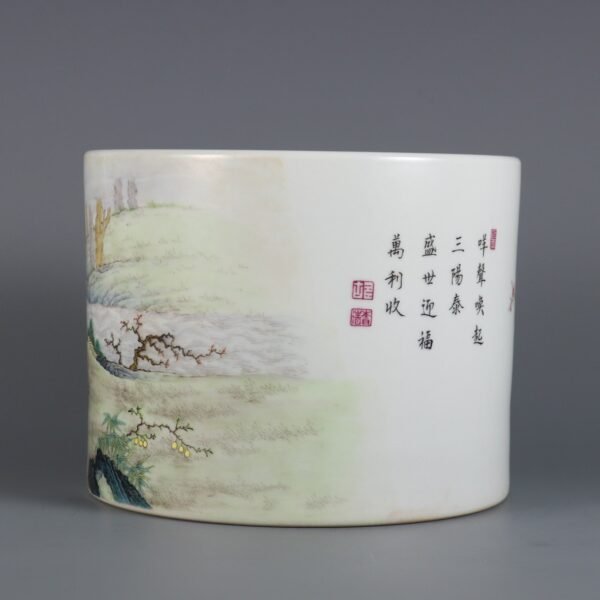 Qing Dynasty Yongzheng Period Famille Rose Three Goats Bring Good Luck Poems Pen Holder - Image 3