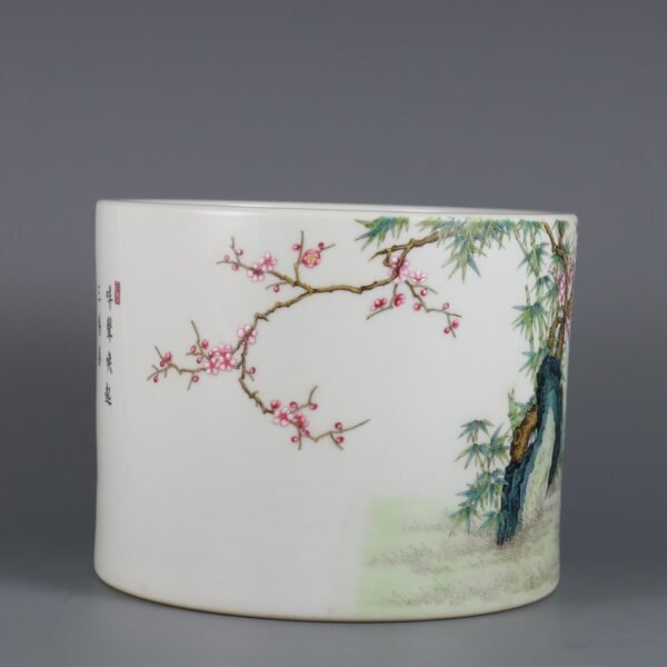 Qing Dynasty Yongzheng Period Famille Rose Three Goats Bring Good Luck Poems Pen Holder - Image 2