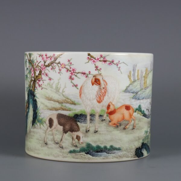 Qing Dynasty Yongzheng Period Famille Rose Three Goats Bring Good Luck Poems Pen Holder