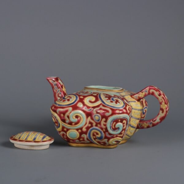 Qing Daoguang Period Rouge Red Ground Gold Enamel Butterfly Teapot - Image 2