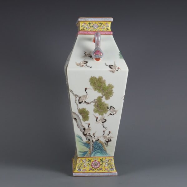 Qing Dynasty Qianlong period pink pine crane longevity Ruyi ears folded shoulder square vase - Image 3