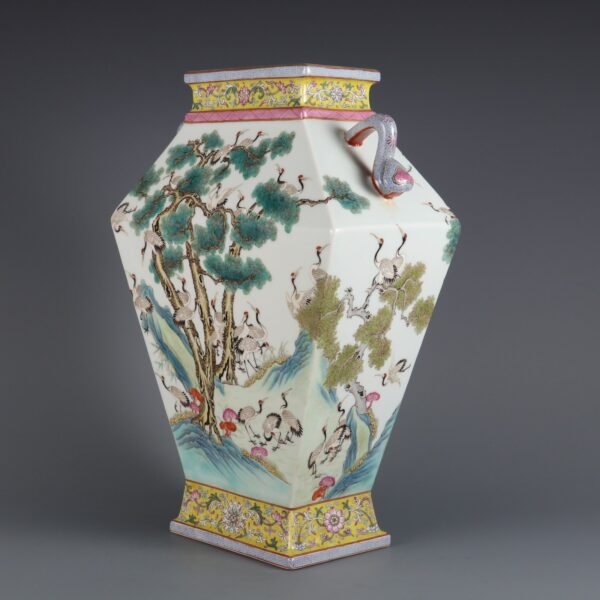 Qing Dynasty Qianlong period pink pine crane longevity Ruyi ears folded shoulder square vase - Image 2