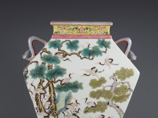 Qing Dynasty Qianlong period pink pine crane longevity Ruyi ears folded shoulder square vase - Image 5