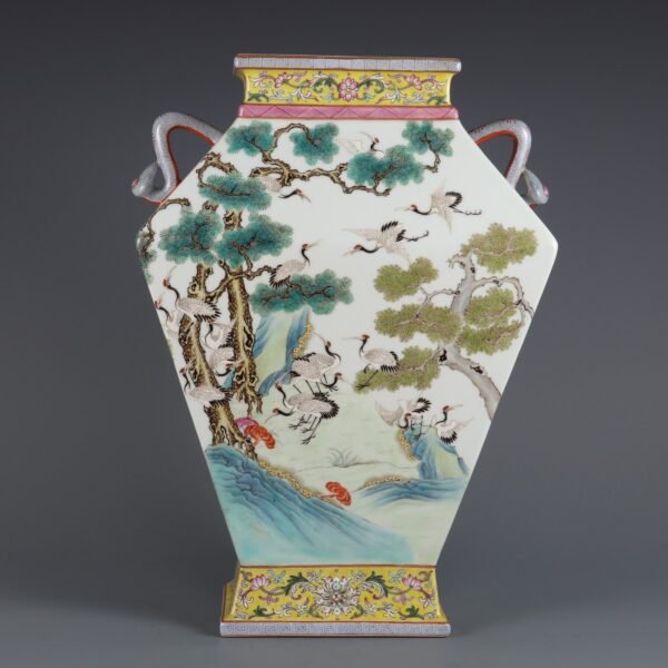Qing Dynasty Qianlong period pink pine crane longevity Ruyi ears folded shoulder square vase