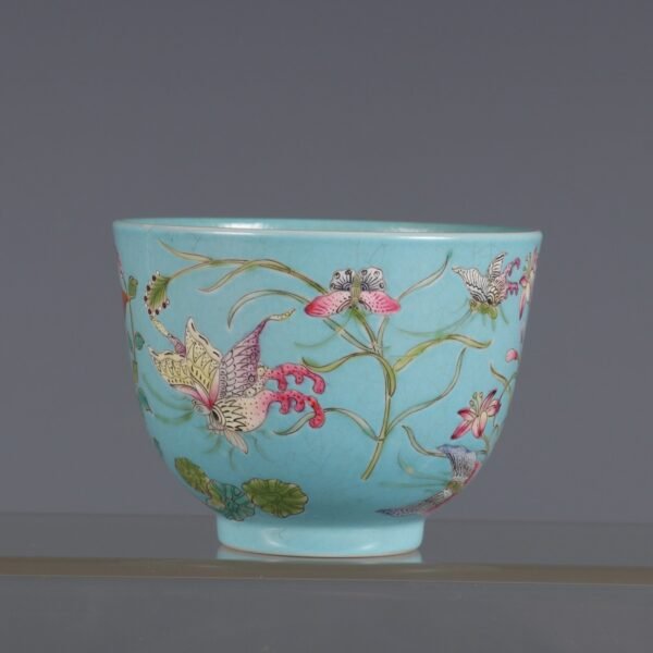 Qing Jiaqing Period Turquoise Green Ground Pastel Butterfly Love Flower Host Cup - Image 2
