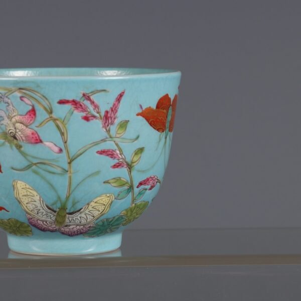 Qing Jiaqing Period Turquoise Green Ground Pastel Butterfly Love Flower Host Cup - Image 3