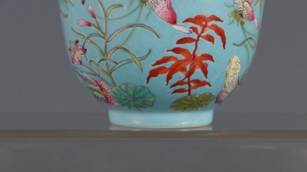 Qing Jiaqing Period Turquoise Green Ground Pastel Butterfly Love Flower Host Cup - Image 6