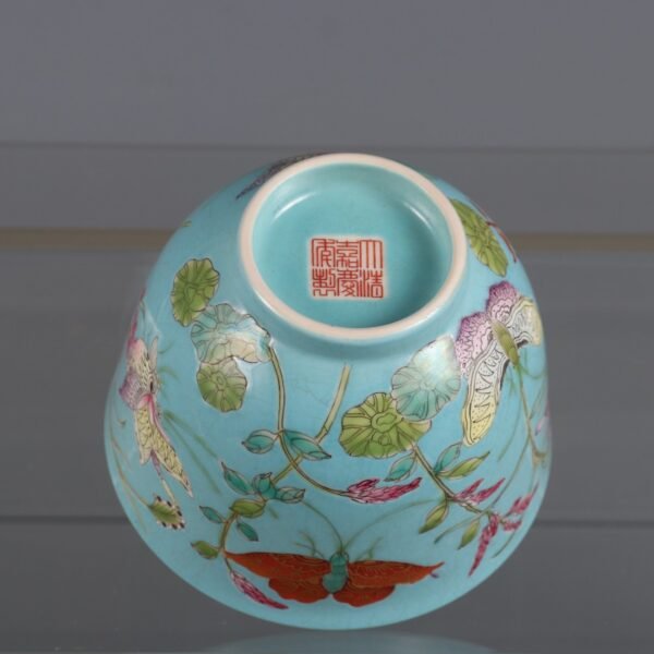 Qing Jiaqing Period Turquoise Green Ground Pastel Butterfly Love Flower Host Cup - Image 9