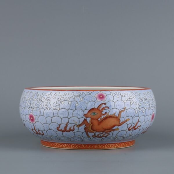Qing Yongzheng Period Blue Ground Alum Red Gold Painting Sea Water Deer Washbasin