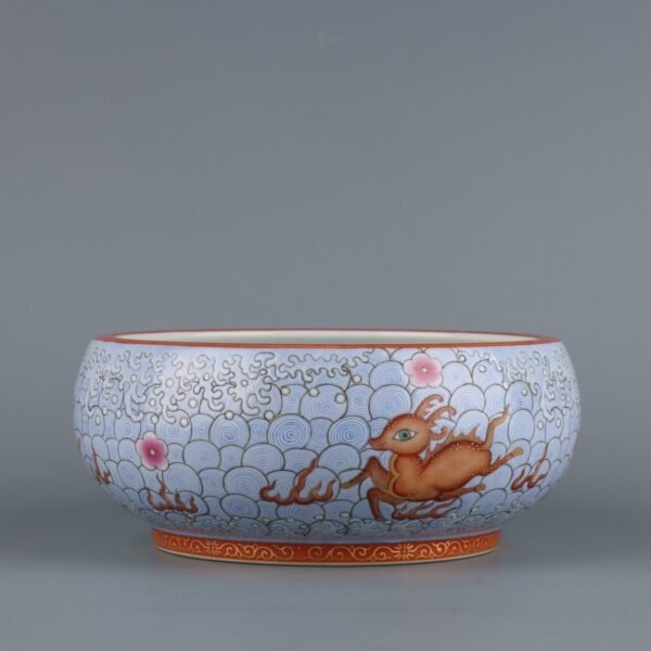 Qing Yongzheng Period Blue Ground Alum Red Gold Painting Sea Water Deer Washbasin - Image 2