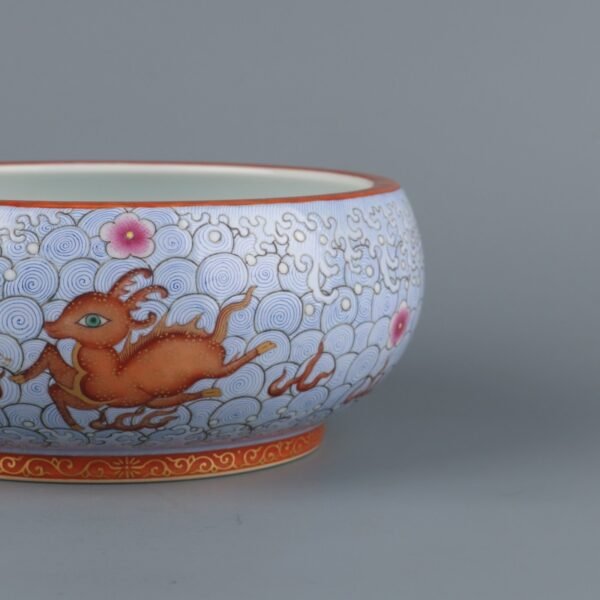 Qing Yongzheng Period Blue Ground Alum Red Gold Painting Sea Water Deer Washbasin - Image 5