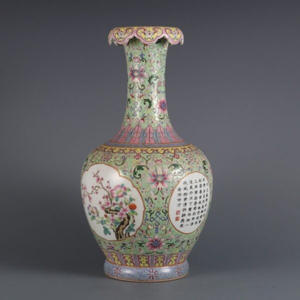 Qing Dynasty Qianlong period green ground famille rose passionflower flower pattern - Image 2