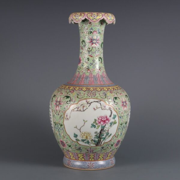 Qing Dynasty Qianlong period green ground famille rose passionflower flower pattern
