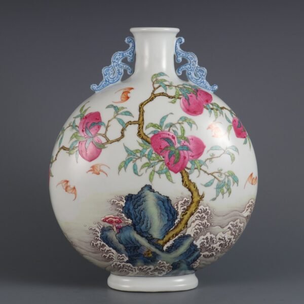 Qing Dynasty Qianlong period powder enamel Fushan Shouhai poem double-ear flat bottle