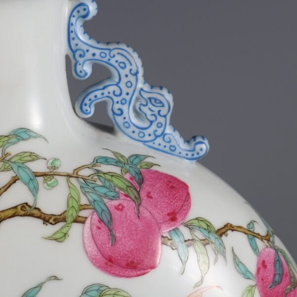 Qing Dynasty Qianlong period powder enamel Fushan Shouhai poem double-ear flat bottle - Image 3