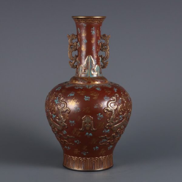 Qing Dynasty Qianlong Period Ancient Bronze Glaze Carved Red Dragon Holding Blessing Gold-painted - Image 2