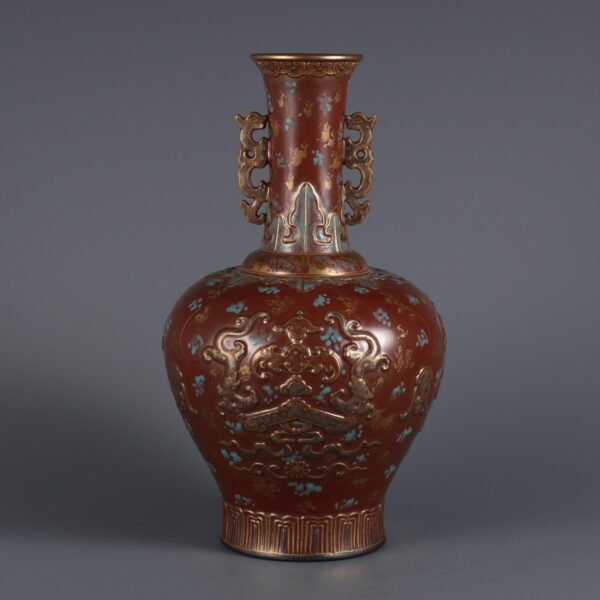 Qing Dynasty Qianlong Period Ancient Bronze Glaze Carved Red Dragon Holding Blessing Gold-painted