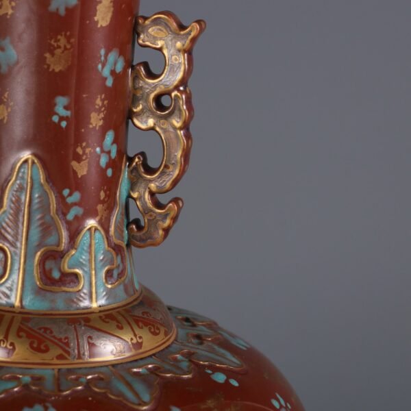 Qing Dynasty Qianlong Period Ancient Bronze Glaze Carved Red Dragon Holding Blessing Gold-painted - Image 7