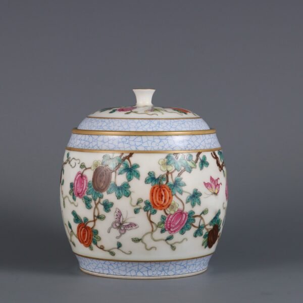 Qing Dynasty Qianlong period powder colored melon and butterfly tea can