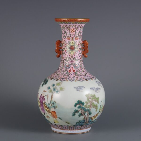 Qing Dynasty Jiaqing period pink enamel children play courtyard double ear vase - Image 6