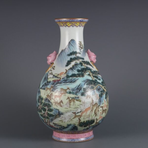 Qing Dynasty Qianlong period pink enamel deer pattern animal ear vase