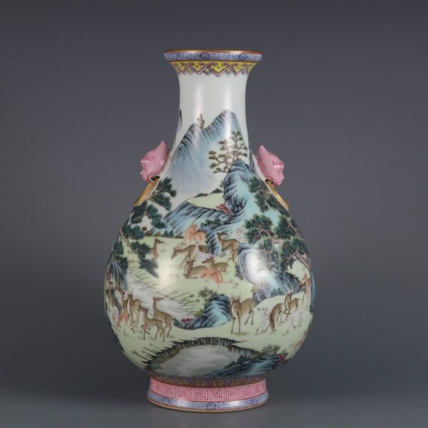 Qing Dynasty Qianlong period pink enamel deer pattern animal ear vase - Image 9