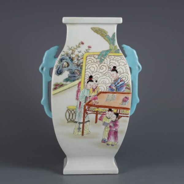 Qing Dynasty Yongzheng Period Famille Rose Three Mothers Teaching Their Sons Double-eared Square