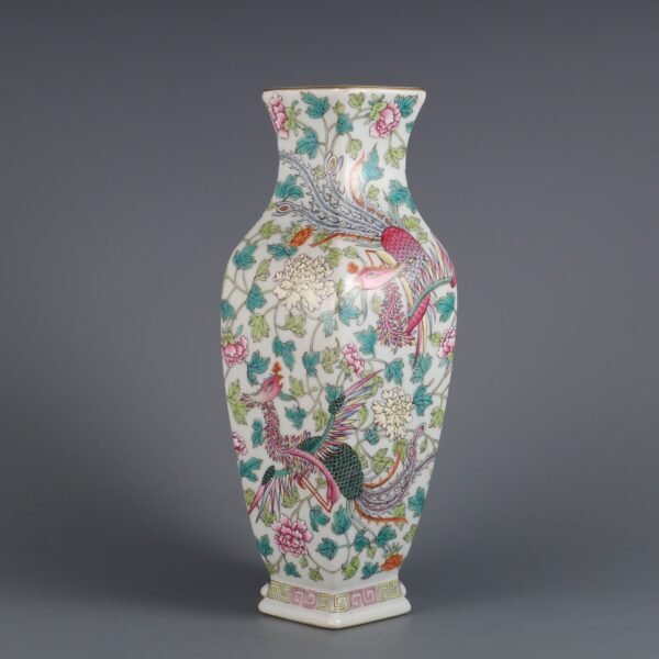 Qing Dynasty Qianlong period blue and white with pink enamel dragon and phoenix square rhombus vase
