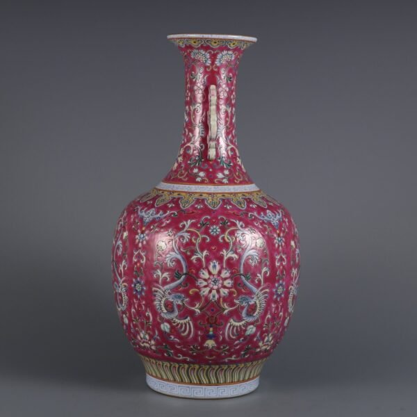 Qing Dynasty Qianlong period rouge red ground pink enamel Kuifeng pattern double handle - Image 4