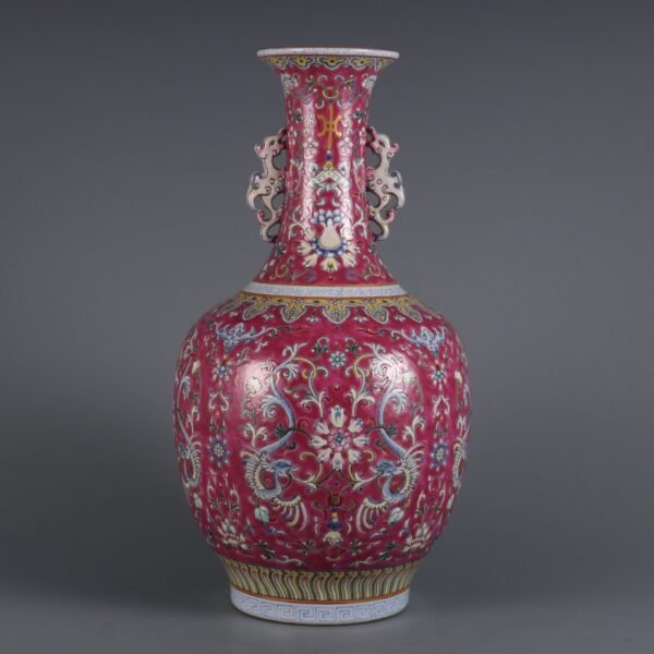 Qing Dynasty Qianlong period rouge red ground pink enamel Kuifeng pattern double handle - Image 5