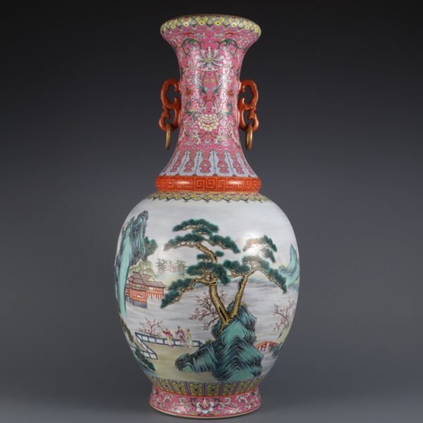 Qing Dynasty Qianlong period pink enamel landscape figure story double-handled large vase