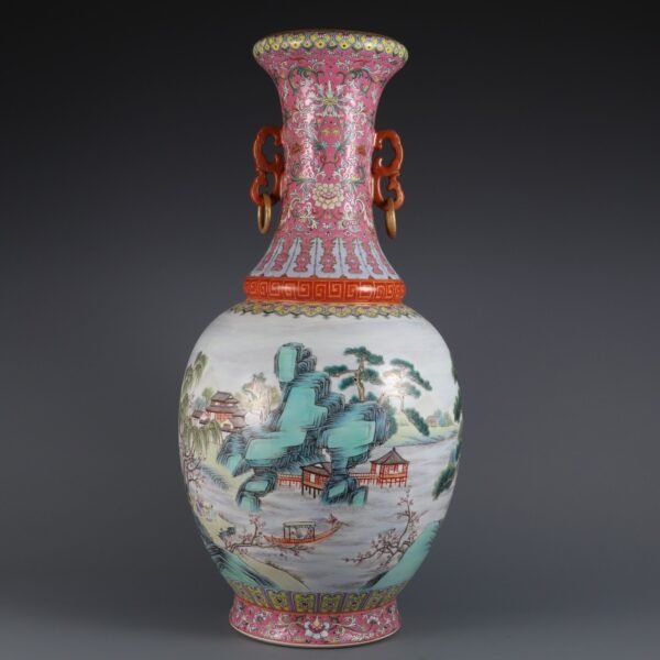 Qing Dynasty Qianlong period pink enamel landscape figure story double-handled large vase - Image 2