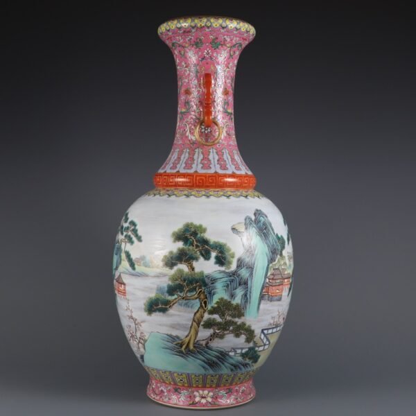 Qing Dynasty Qianlong period pink enamel landscape figure story double-handled large vase - Image 4