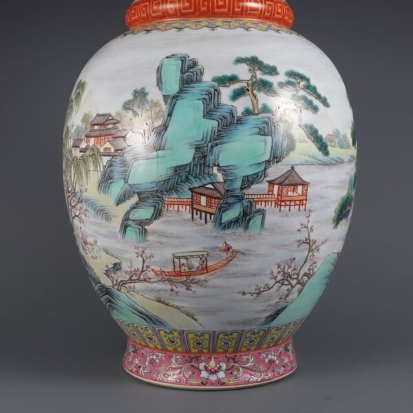 Qing Dynasty Qianlong period pink enamel landscape figure story double-handled large vase - Image 5