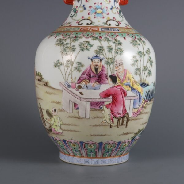 Qing Daoguang Period Famille Rose Bamboo Grove Seven Sages Double Ear Vase - Image 2