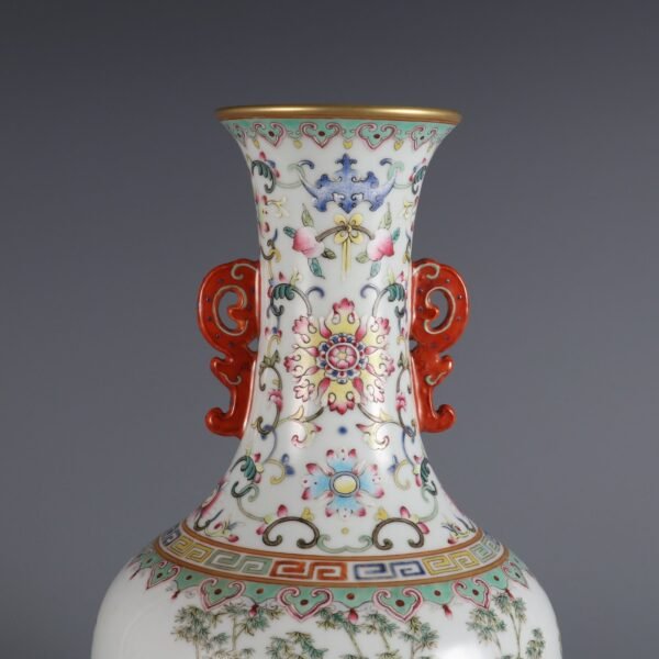 Qing Daoguang Period Famille Rose Bamboo Grove Seven Sages Double Ear Vase - Image 3