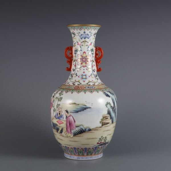 Qing Daoguang Period Famille Rose Bamboo Grove Seven Sages Double Ear Vase - Image 4