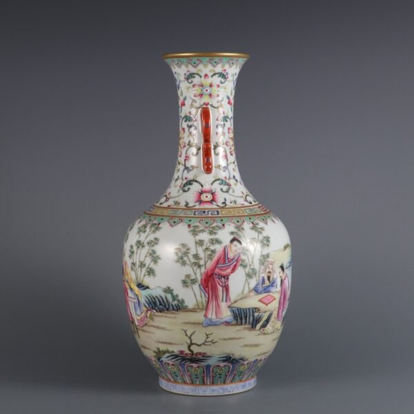 Qing Daoguang Period Famille Rose Bamboo Grove Seven Sages Double Ear Vase - Image 5