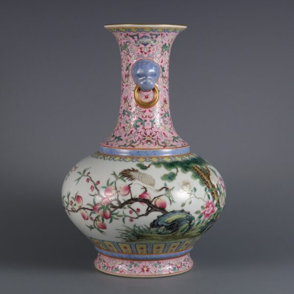 Qing Dynasty Qianlong period pink enamel flower and bird poem animal ear appreciation vase - Image 2
