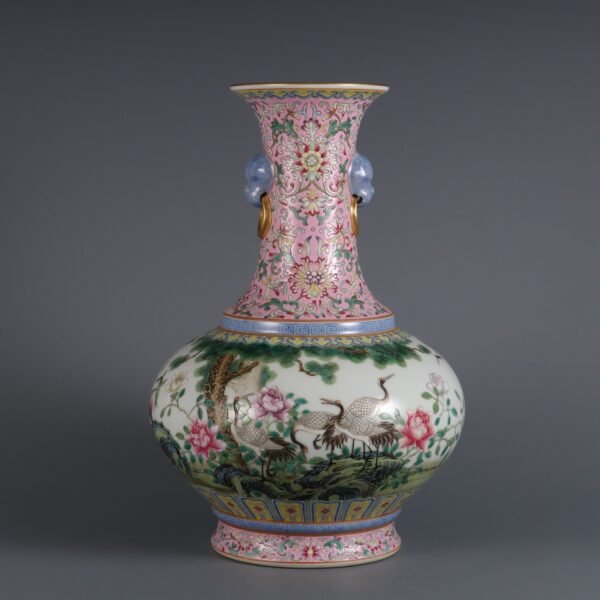 Qing Dynasty Qianlong period pink enamel flower and bird poem animal ear appreciation vase