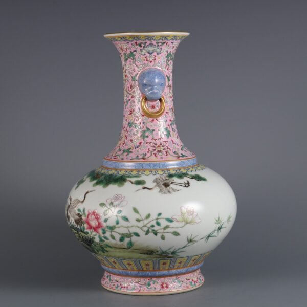 Qing Dynasty Qianlong period pink enamel flower and bird poem animal ear appreciation vase - Image 5