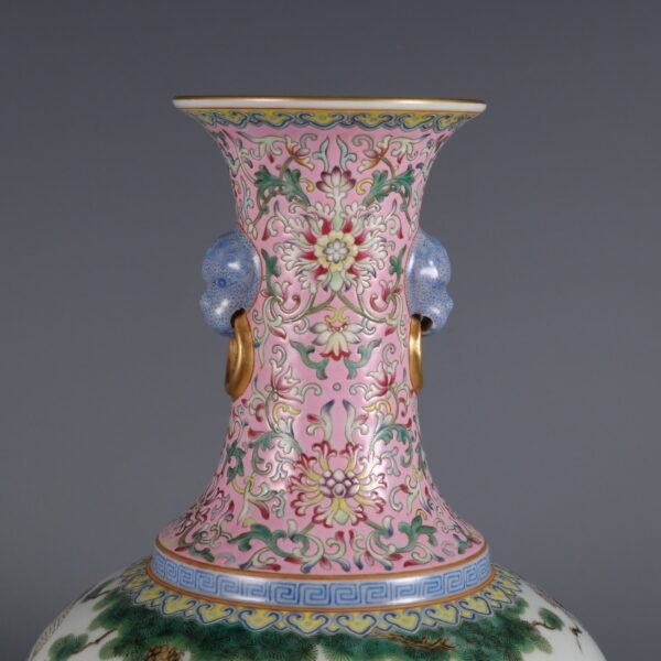 Qing Dynasty Qianlong period pink enamel flower and bird poem animal ear appreciation vase - Image 6