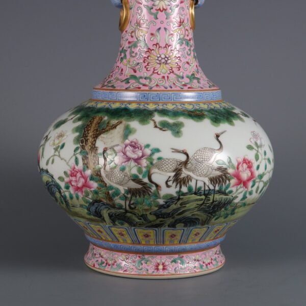 Qing Dynasty Qianlong period pink enamel flower and bird poem animal ear appreciation vase - Image 8