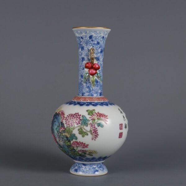 Qing Dynasty Qianlong period blue and white with pink chrysanthemum poem small appreciation vase