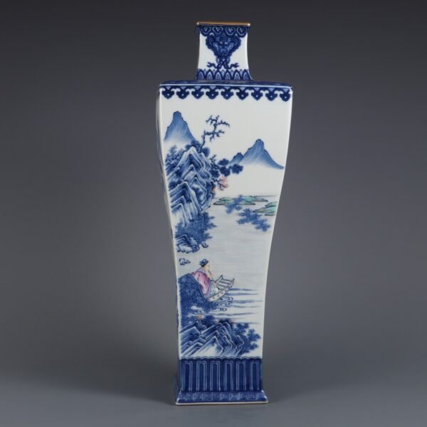 Qing Dynasty Qianlong period blue and white plus doucai figure pattern square vase - Image 5